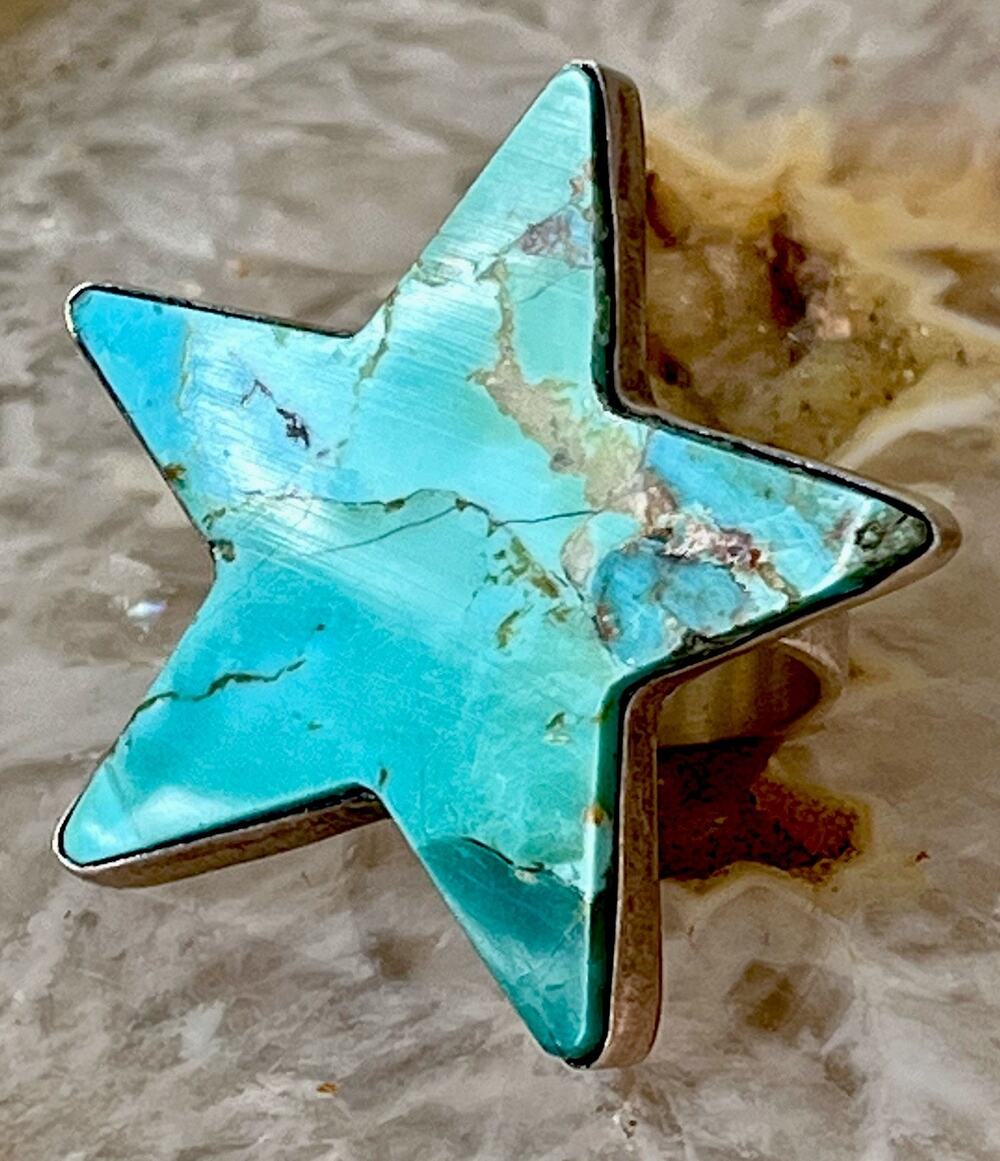 Kingman Turquoise Sterling Silver Large Star Statement Adjust Sz SW Ring 11.2g